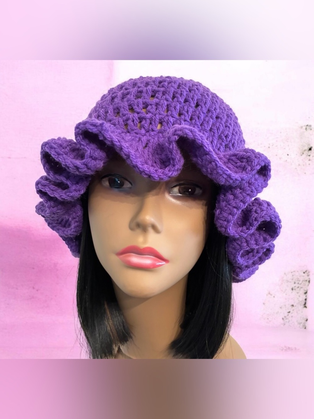 Handmade Purple Crochet Ruffle Sun Hat - Women Accessories